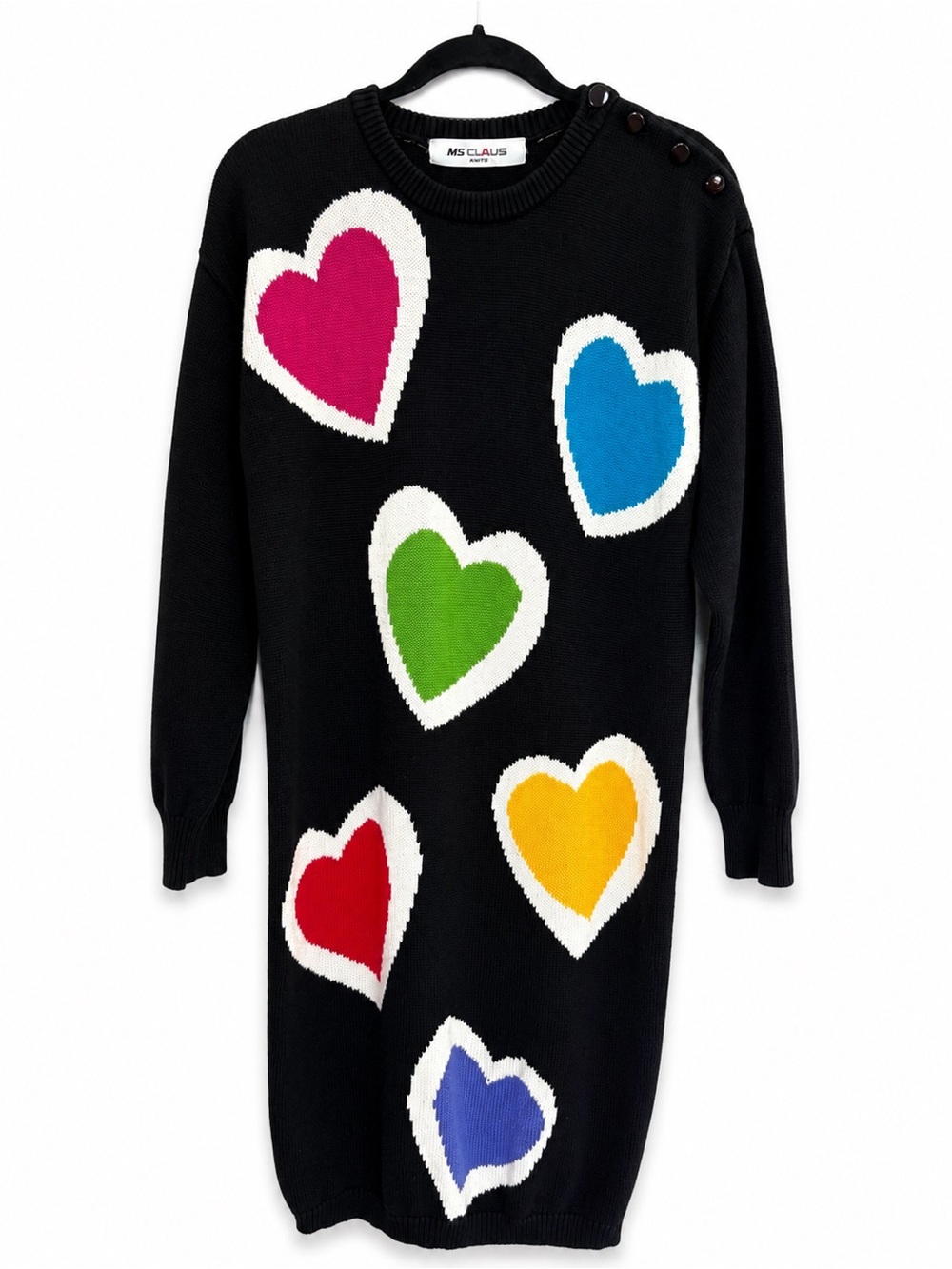 MS Chaus Heart Sweater Dress Black Colorful Cotton Size M Dopamine Vintage